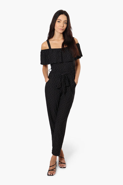 Beechers Brook Patterned Belted Ruffled Jumpsuit - Black - Womens Jumpsuits & Rompers - Fairweather