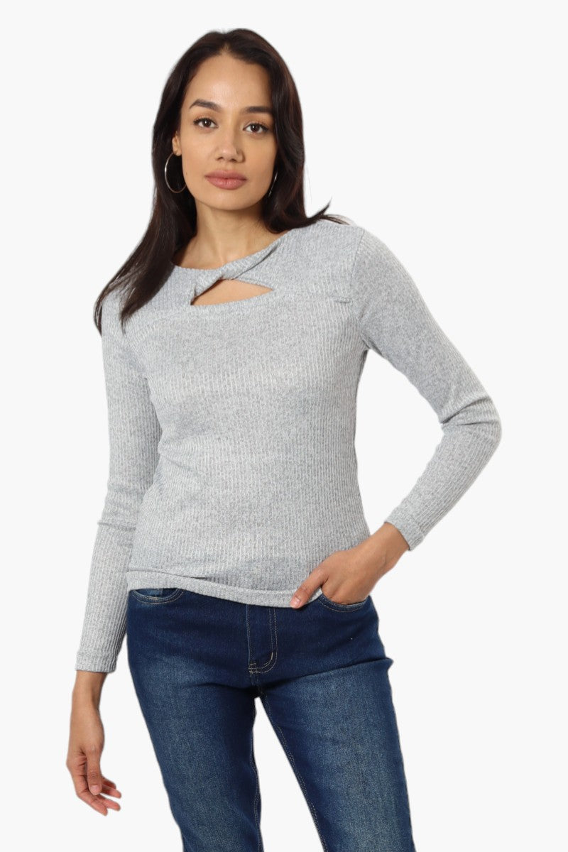 Magazine Ribbed Front Twist Long Sleeve Top - Grey - Womens Long Sleeve Tops - Fairweather