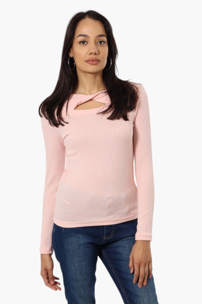 Magazine Ribbed Front Twist Long Sleeve Top - Pink - Womens Long Sleeve Tops - Fairweather