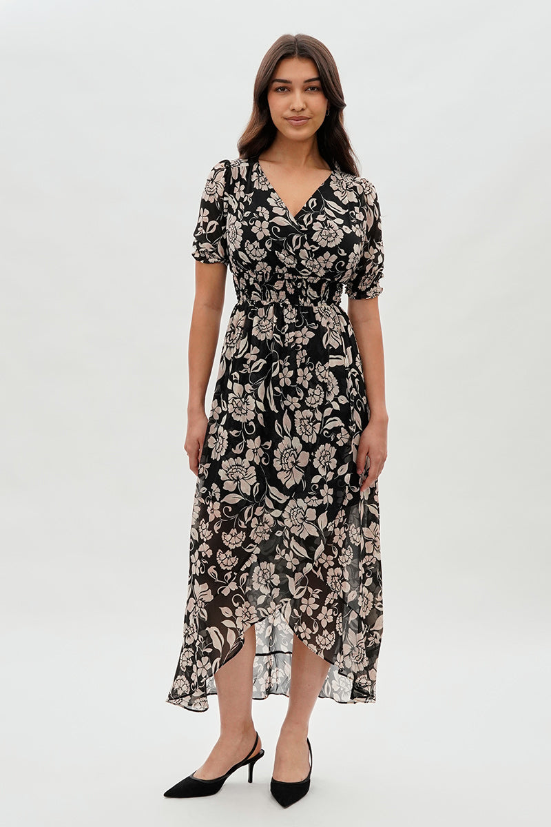 large womens maxi dresses Floral Smocked Waist Hi-Lo Maxi Dress