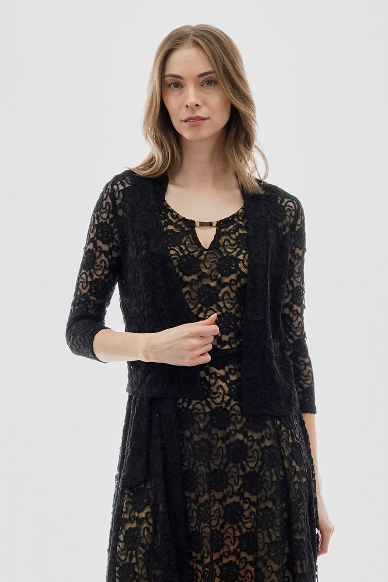 Costa Blanca Floral Lace Open Shrug Cardigan Black