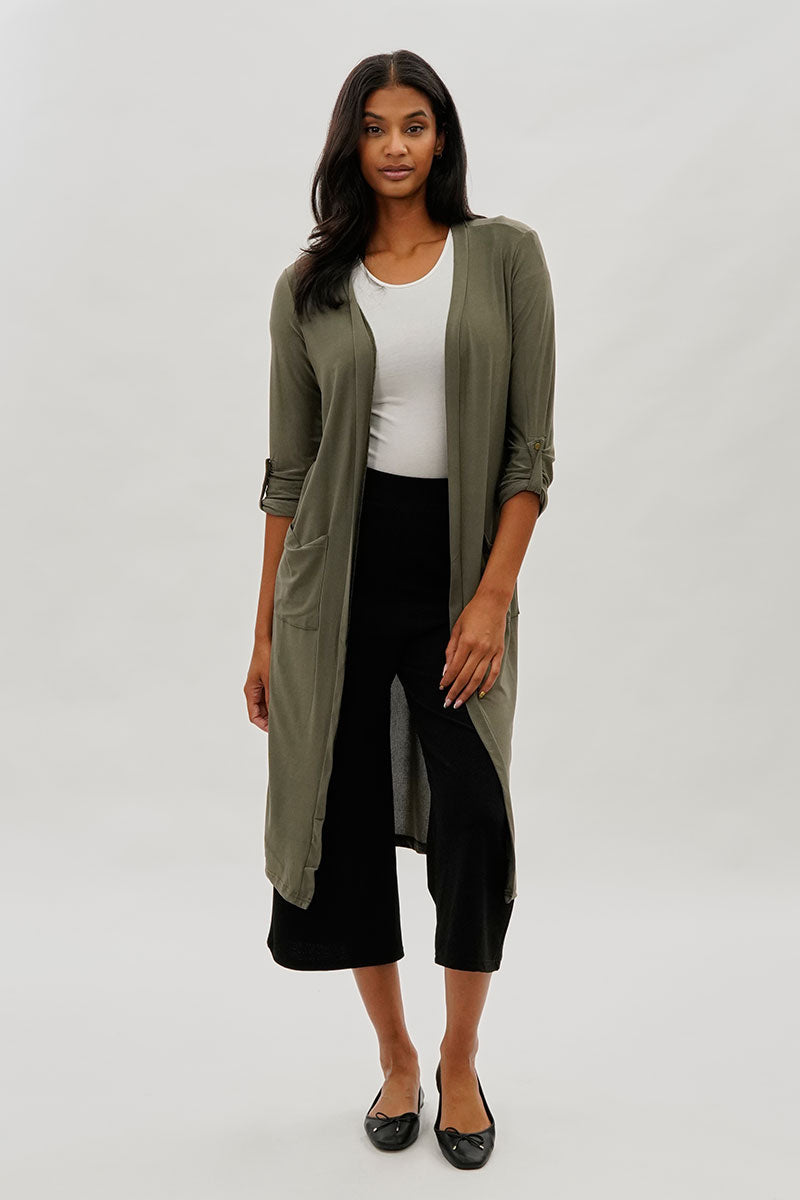 Limite Open Front Lightweight Duster Cardigan Olive