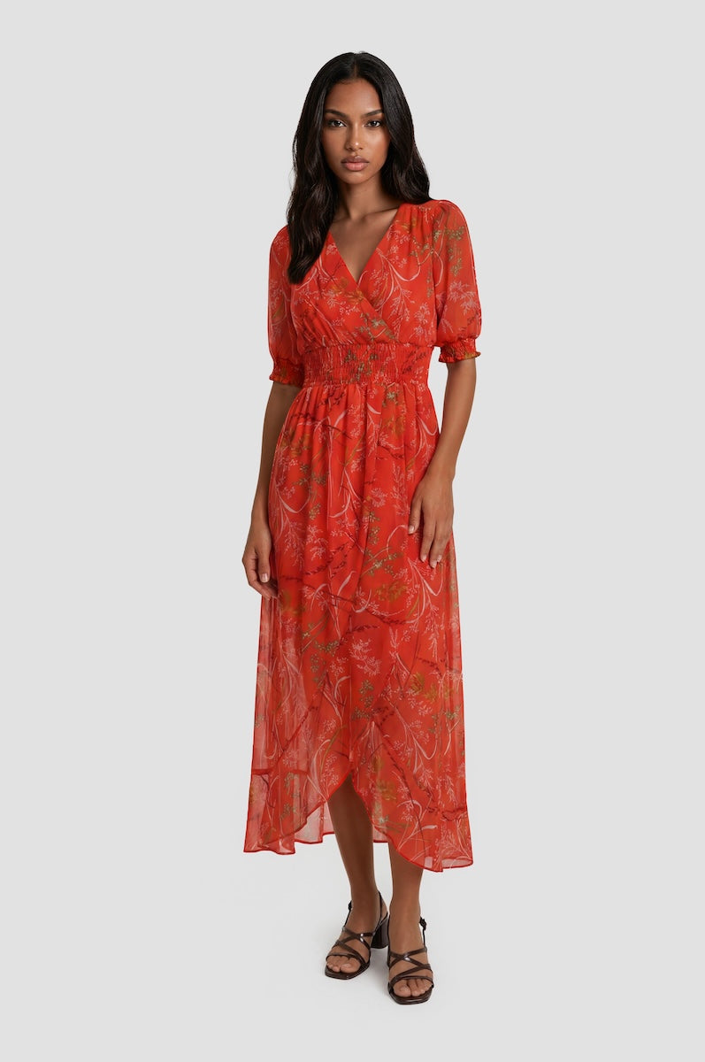 red short sleeve chiffon midi dress Finery London Jennifer Short Sleeve Chiffon Midi Dress in Red at Nordstrom, Size 12