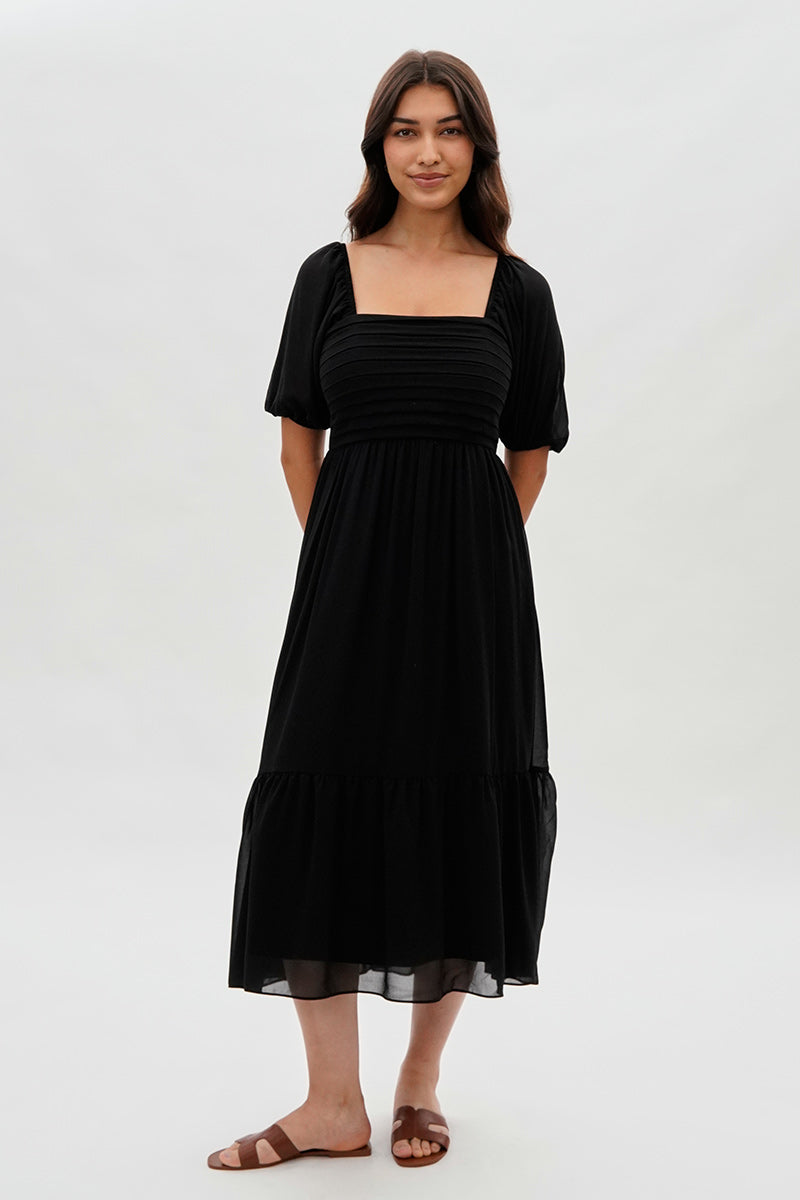 Pleated Puff Sleeve Midi Dress