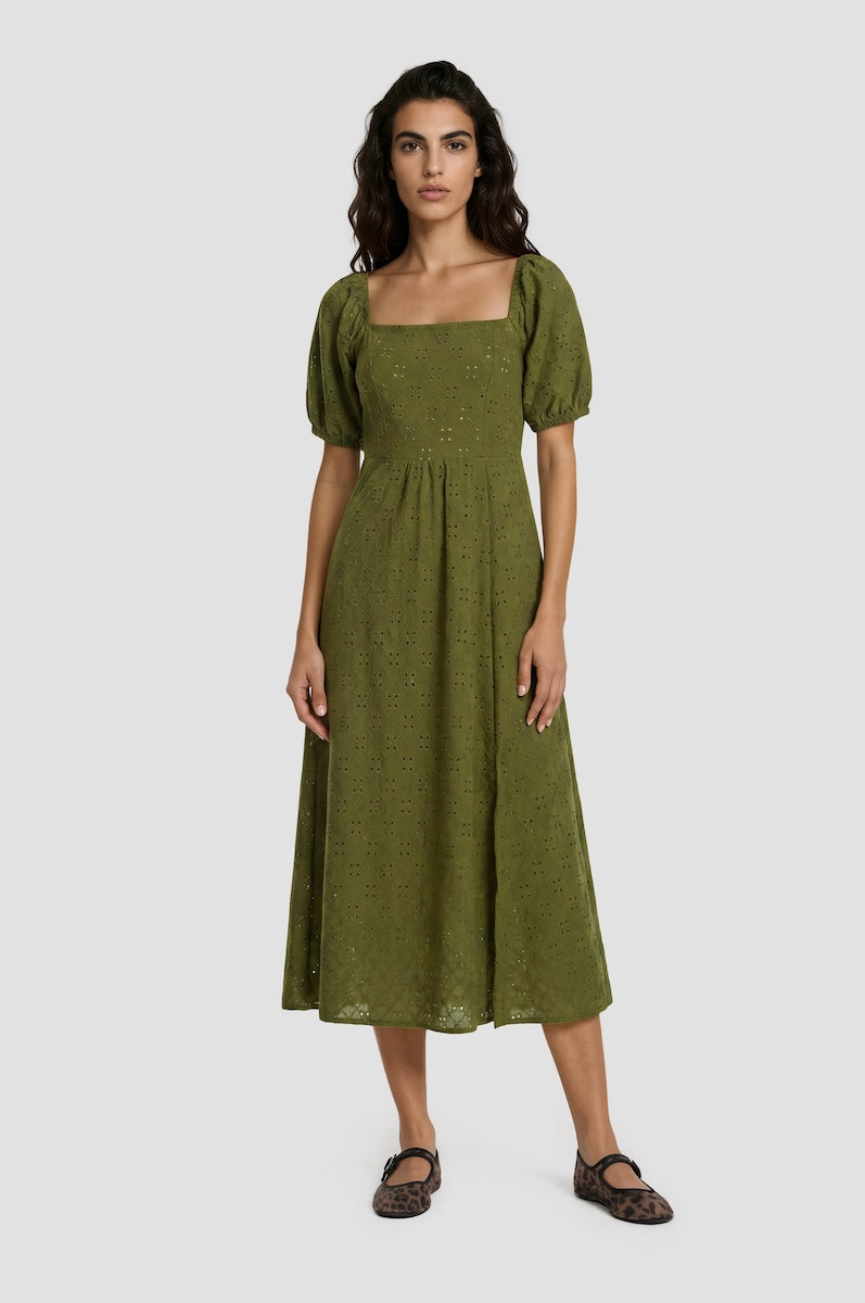 green puff sleeve midi dress Entro Green Botanical Midi Dress with Puff Sleeves & Button Front