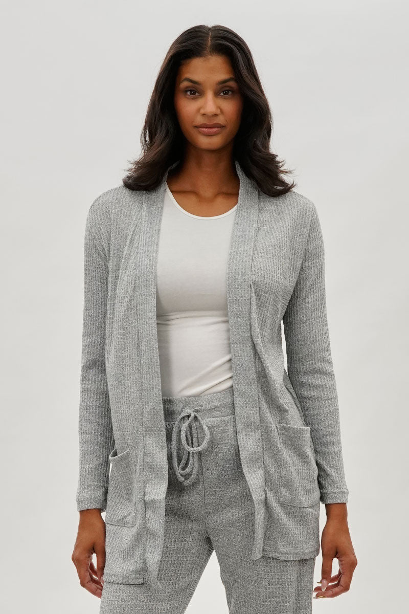 Fahrenheit Open Front Waffle Knit Cardigan Grey
