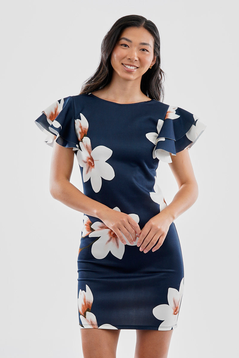 Floral Flutter Sleeve Scuba Cocktail Dress - Navy