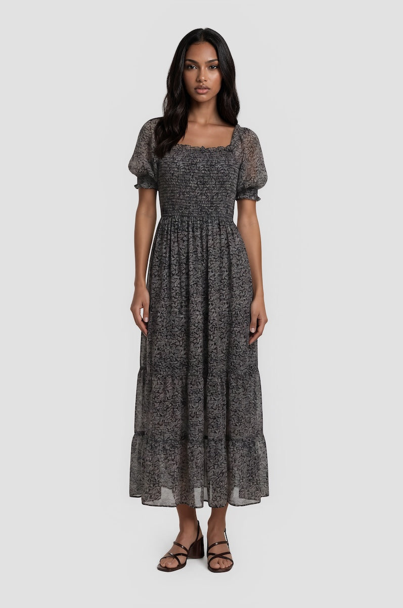 grey chiffon midi dress Tiered Chiffon Smock Dress