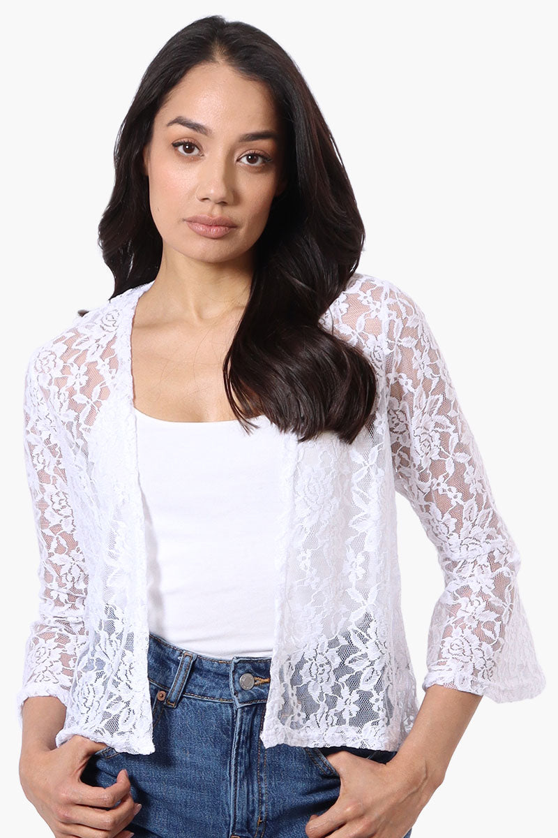 Lace 3/4 Sleeve Open Cardigan - White