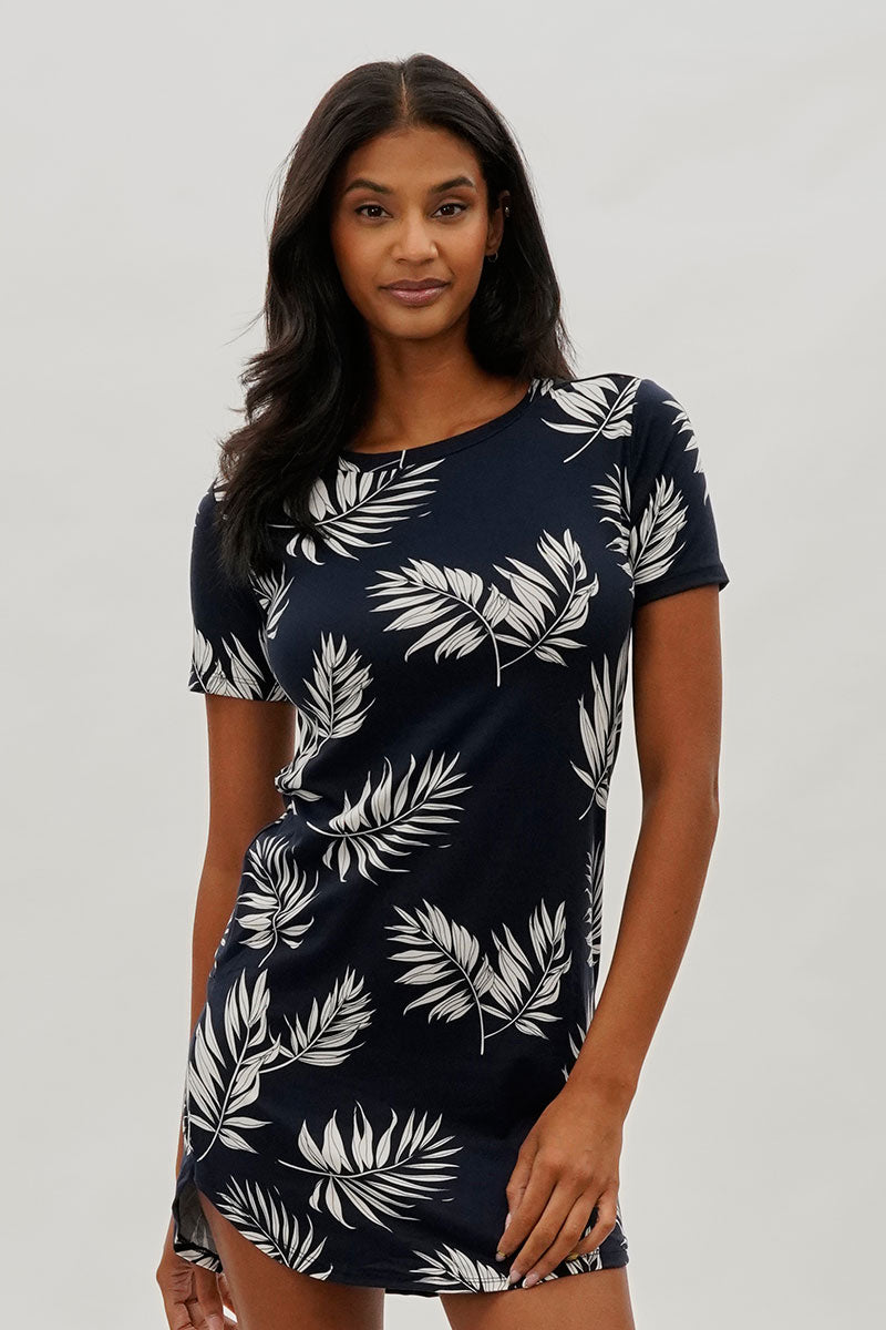 Stylexchange Vintage Leaf Print Short Sleeve Day Dress Navy