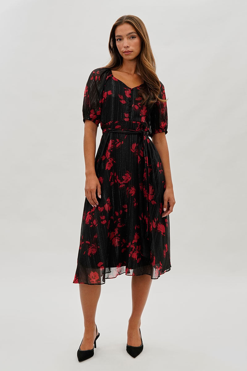 Floral Puff Sleeve Midi Dress - Black
