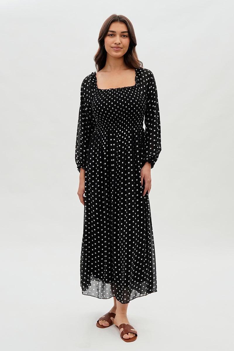 Polka Dot Smocked Long Sleeve Maxi Dress - Black Polka Dot Smocked Long Sleeve Maxi Dress - Black