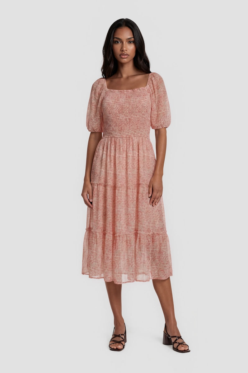 Puff Sleeve Smocked Midi Dress