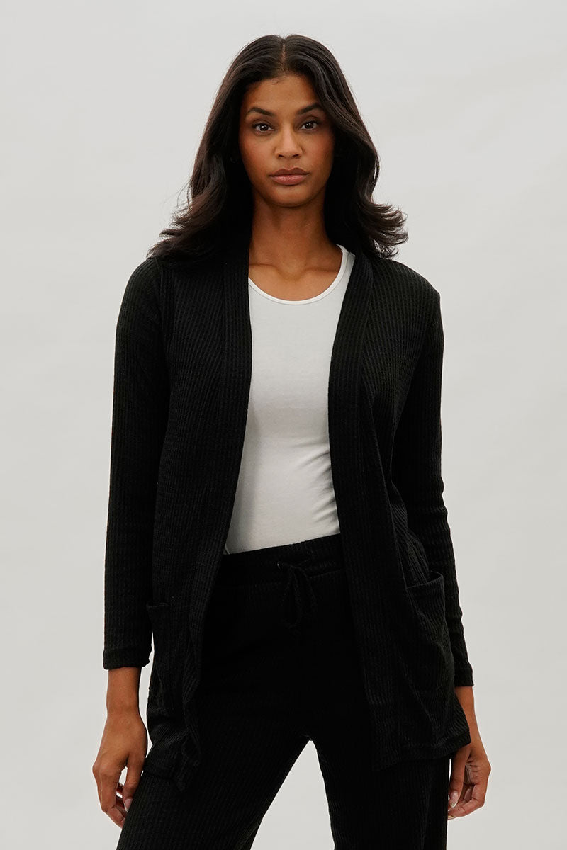 Fahrenheit Open Front Waffle Knit Cardigan Black