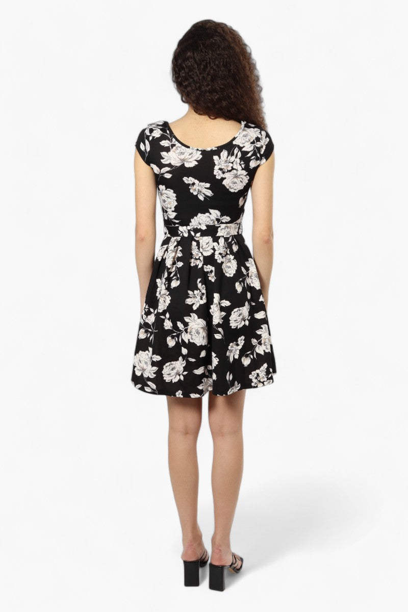 Limite Belted Floral Cap Sleeve Day Dress - Black - Womens Day Dresses - Fairweather