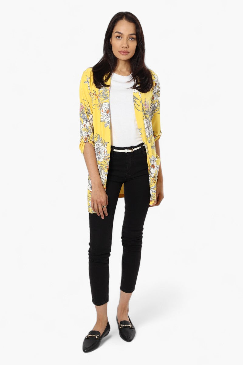 International INC Company Floral Roll Up Sleeve Cardigan - Yellow - Womens Cardigans - Fairweather