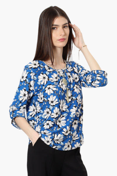 Beechers Brook Floral Roll Up Sleeve Necklace Blouse - Blue - Womens Shirts & Blouses - Fairweather