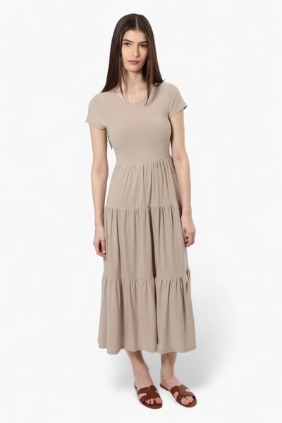 Majora Solid Cap Sleeve Tiered Maxi Dress - Taupe - Womens Maxi Dresses - Fairweather