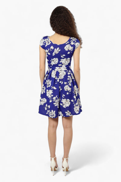 Limite Belted Floral Cap Sleeve Day Dress - Blue - Womens Day Dresses - Fairweather