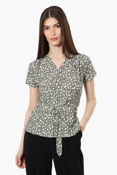 International INC Company Belted Floral Crossover Blouse - Olive - Womens Shirts & Blouses - Fairweather