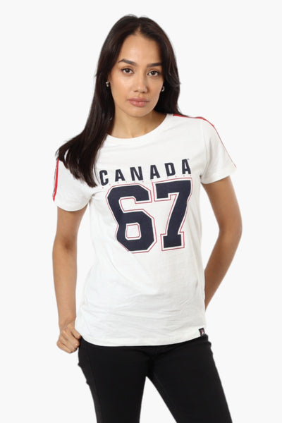 Canada Weather Gear Striped Shoulder 67 Print Tee - White - Womens Tees & Tank Tops - Fairweather