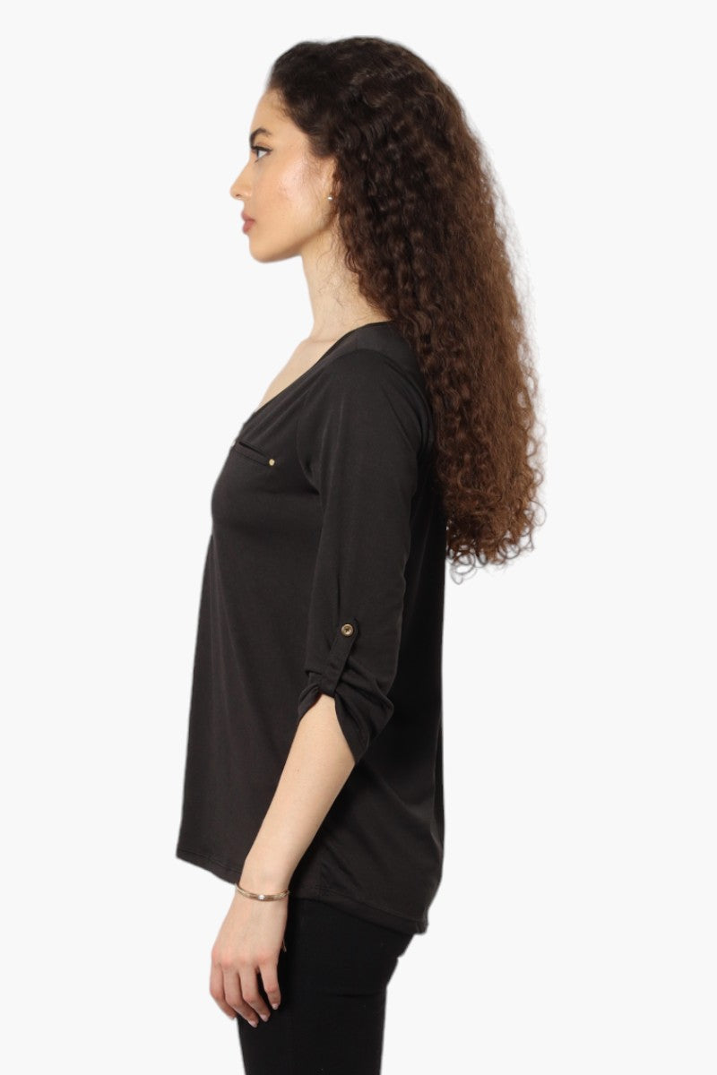 International INC Company Roll Up Sleeve Front Pocket Shirt - Black - Womens Shirts & Blouses - Fairweather