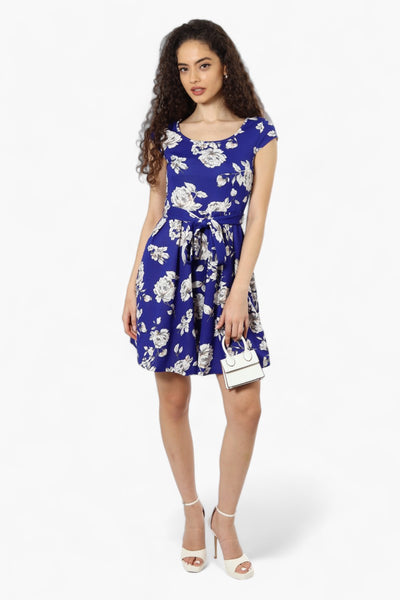 Limite Belted Floral Cap Sleeve Day Dress - Blue - Womens Day Dresses - Fairweather