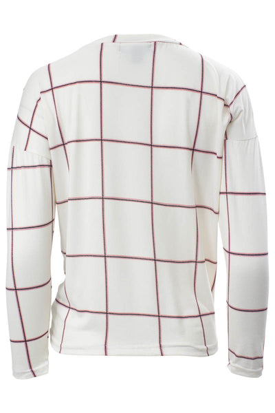 Plaid Printed Side Twist Long Sleeve Top - White - Womens Long Sleeve Tops - Fairweather