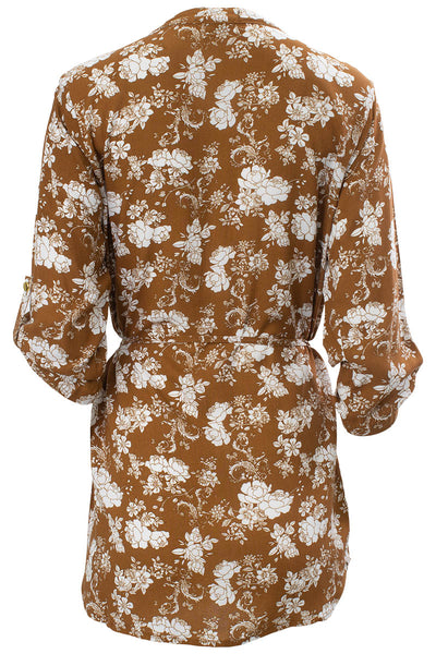 Floral Zip Front Flap Pocket Tunic Shirt - Camel - Womens Shirts & Blouses - Fairweather