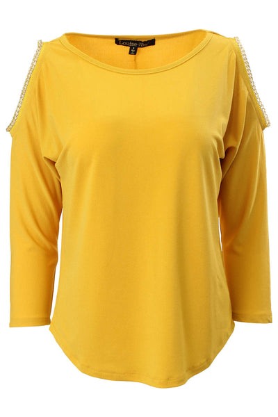 Louise Paris Chain Trim Cold Shoulder Long Sleeve Top - Yellow - Womens Long Sleeve Tops - Fairweather