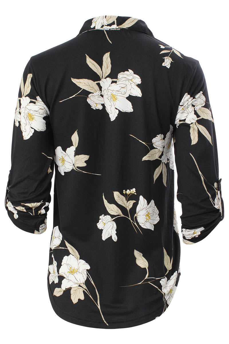 Majora Floral Roll Up Sleeve Shirt - Black - Womens Shirts & Blouses - Fairweather