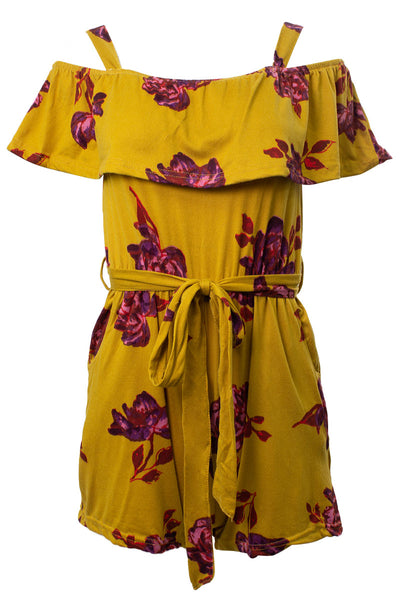 Floral Flounce Belted Romper - Mustard - Womens Jumpsuits & Rompers - Fairweather