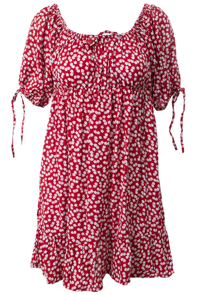 Floral Tie Sleeve Tiered Day Dress - Red - Womens Day Dresses - Fairweather