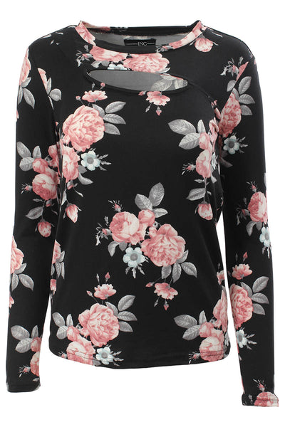 International INC Company Floral Keyhole Front Long Sleeve Top - Black - Womens Long Sleeve Tops - Fairweather