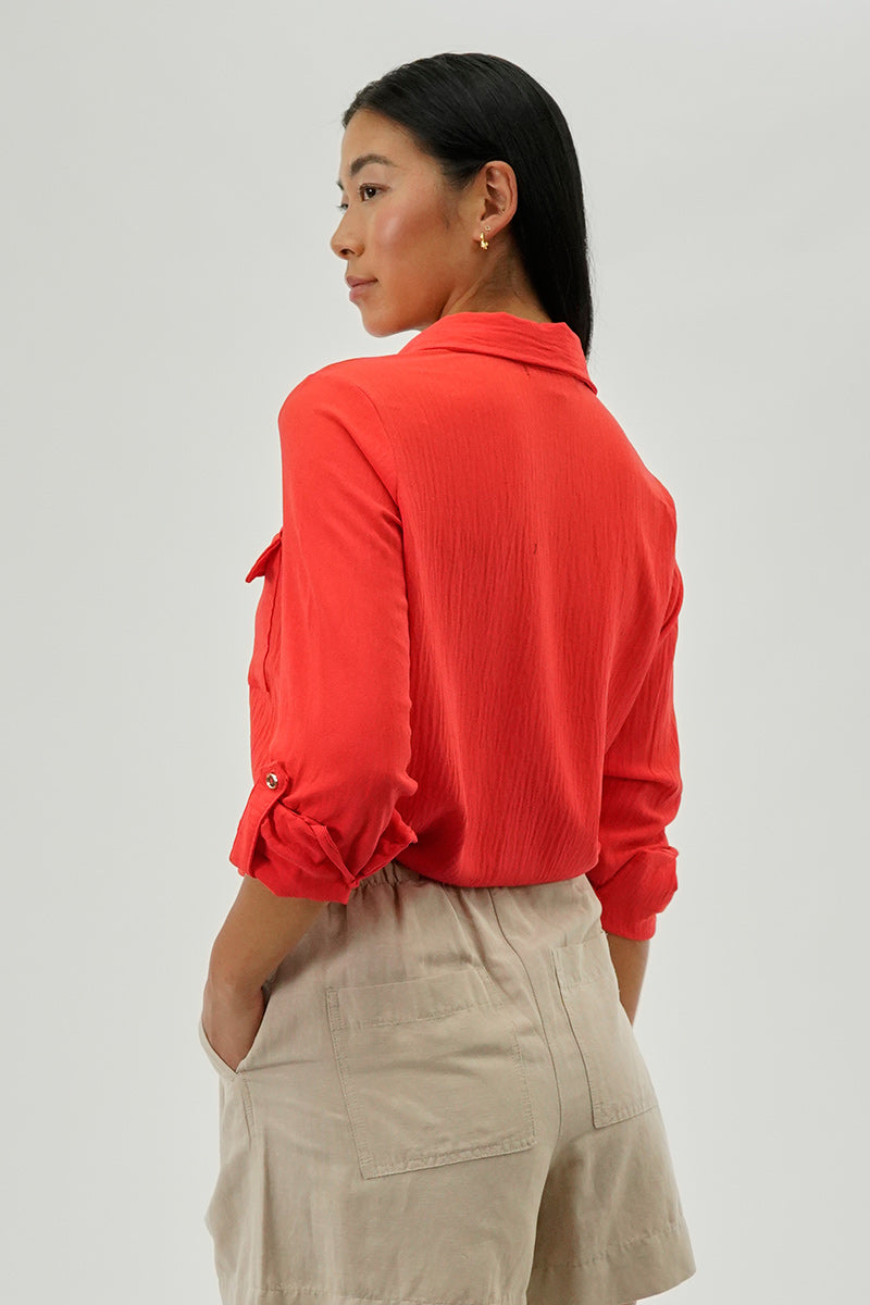 International INC Company Button Down Utility Pocket Blouse - Coral - Womens Shirts & Blouses - Fairweather