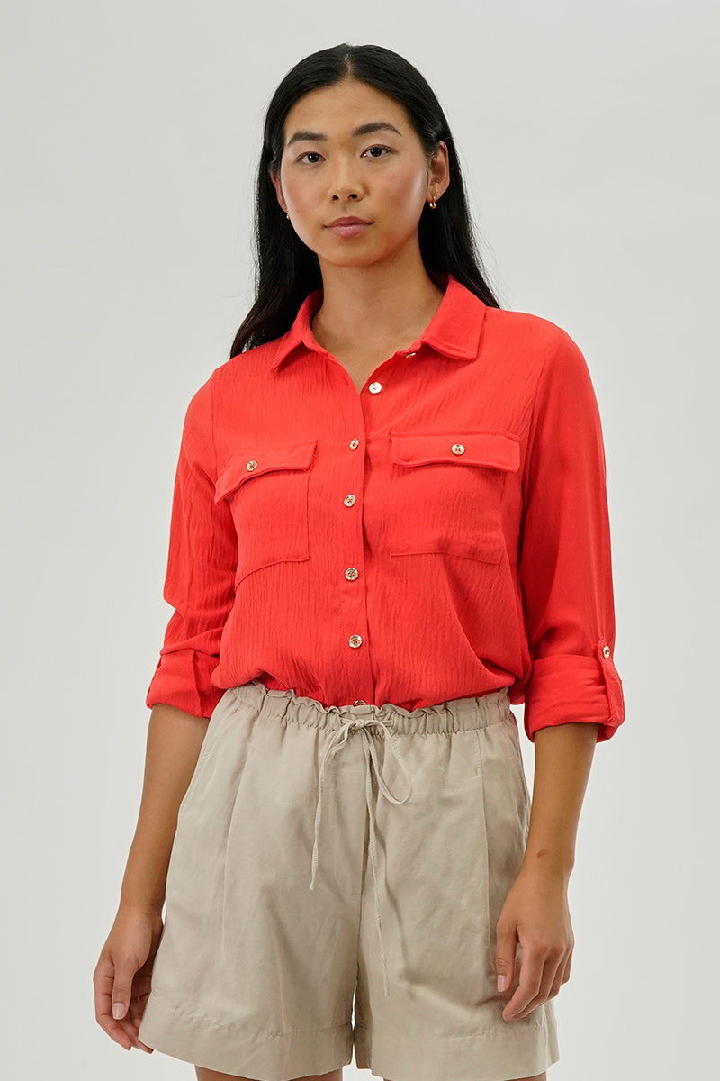 International INC Company Button Down Utility Pocket Blouse - Coral - Womens Shirts & Blouses - Fairweather