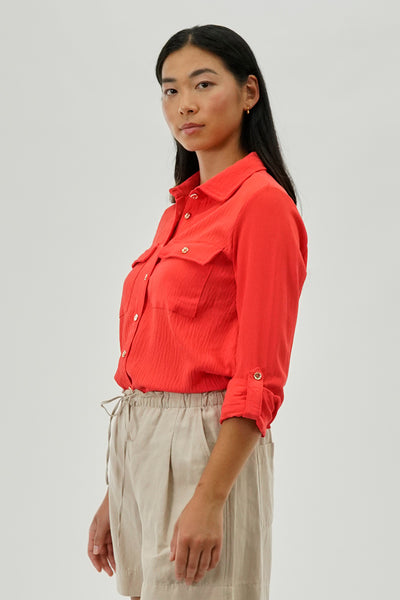International INC Company Button Down Utility Pocket Blouse - Coral - Womens Shirts & Blouses - Fairweather