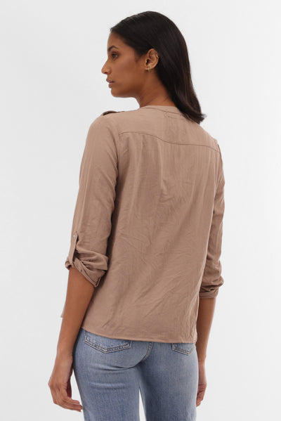 Runaway Bay Roll Up Sleeve Utility Pocket Blouse - Taupe - Womens Shirts & Blouses - Fairweather