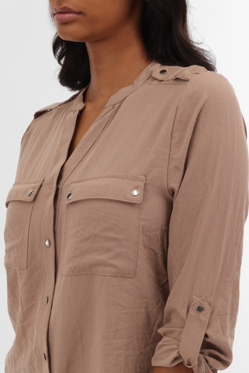 Runaway Bay Roll Up Sleeve Utility Pocket Blouse - Taupe - Womens Shirts & Blouses - Fairweather