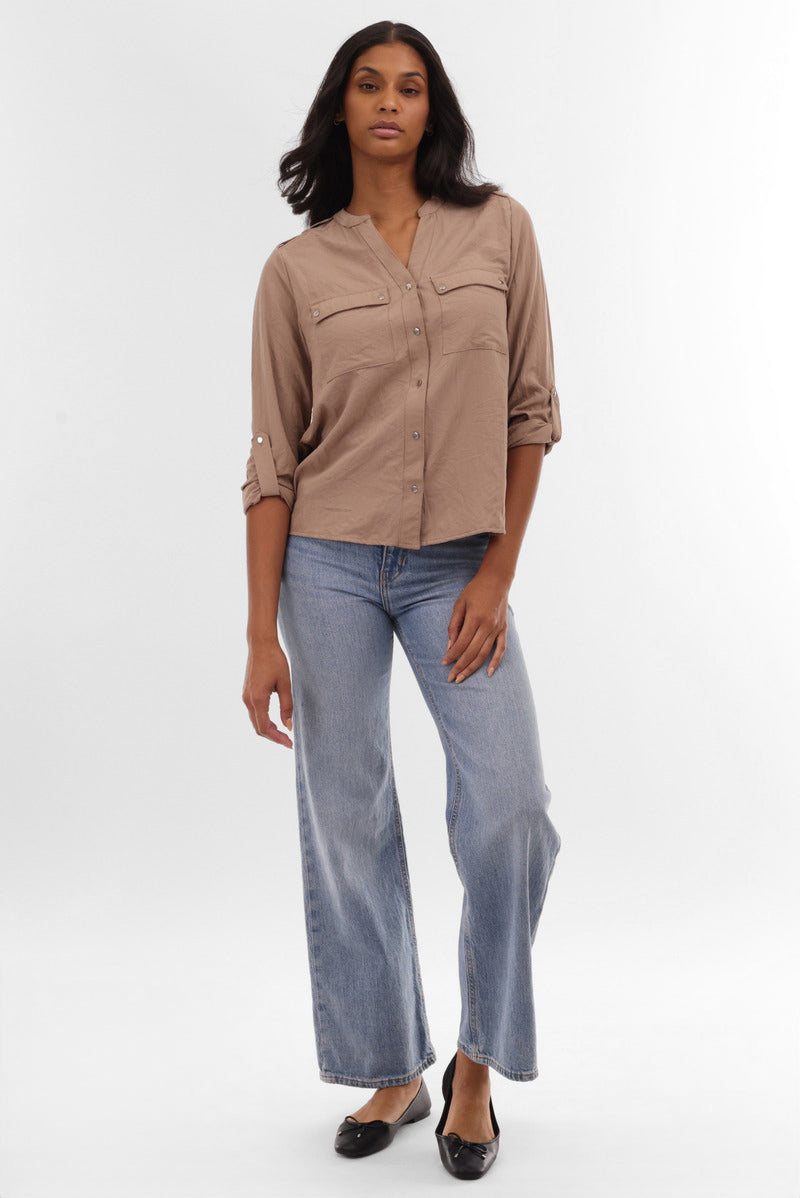 Runaway Bay Roll Up Sleeve Utility Pocket Blouse - Taupe - Womens Shirts & Blouses - Fairweather