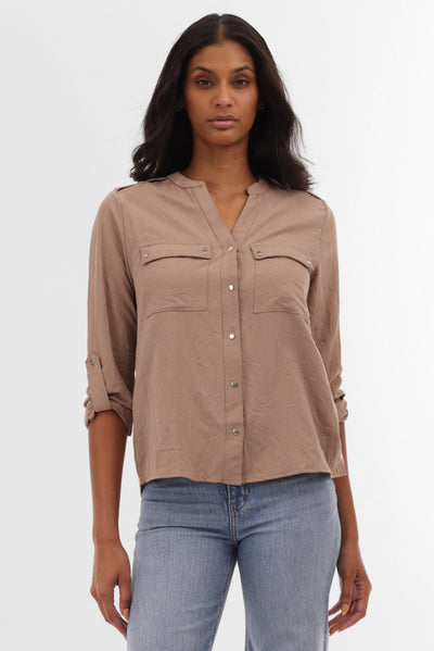 Runaway Bay Roll Up Sleeve Utility Pocket Blouse - Taupe - Womens Shirts & Blouses - Fairweather