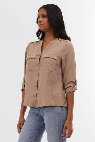 Runaway Bay Roll Up Sleeve Utility Pocket Blouse - Taupe - Womens Shirts & Blouses - Fairweather