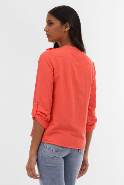 Runaway Bay Roll Up Sleeve Utility Pocket Blouse - Coral - Womens Shirts & Blouses - Fairweather