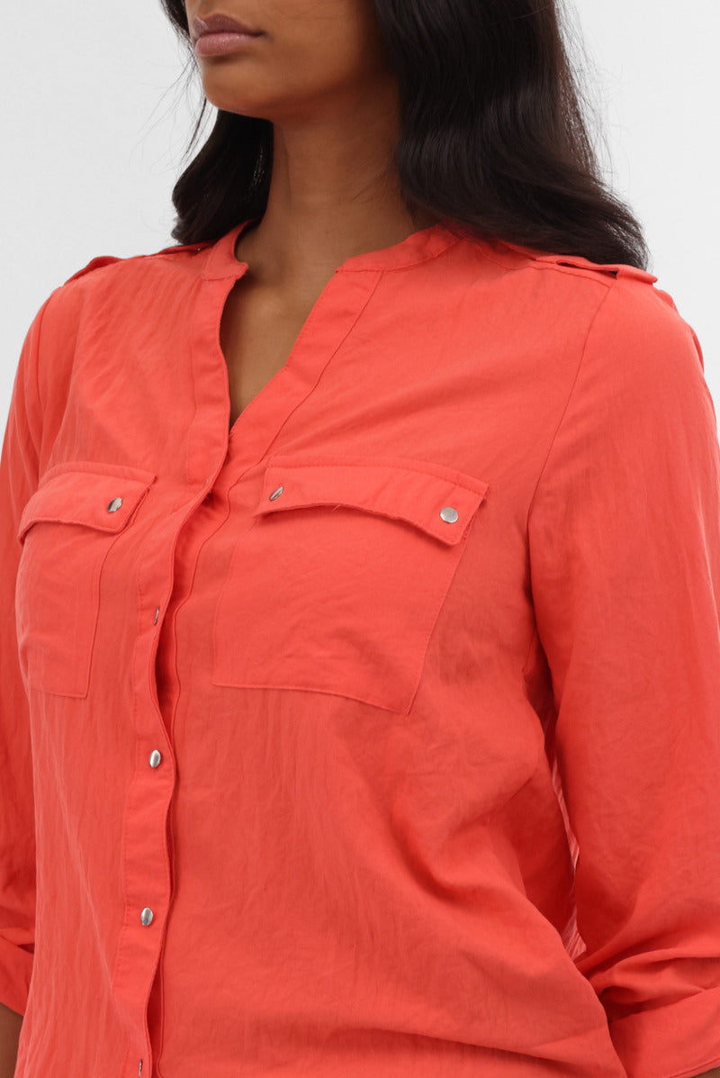 Runaway Bay Roll Up Sleeve Utility Pocket Blouse - Coral - Womens Shirts & Blouses - Fairweather