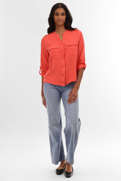 Runaway Bay Roll Up Sleeve Utility Pocket Blouse - Coral - Womens Shirts & Blouses - Fairweather