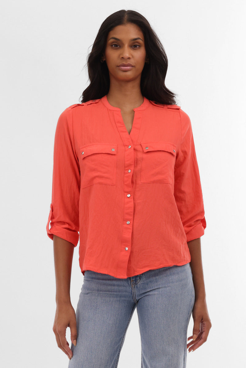 Runaway Bay Roll Up Sleeve Utility Pocket Blouse - Coral - Womens Shirts & Blouses - Fairweather
