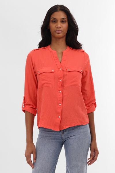 Runaway Bay Roll Up Sleeve Utility Pocket Blouse - Coral - Womens Shirts & Blouses - Fairweather