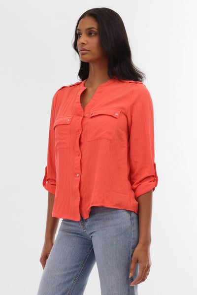 Runaway Bay Roll Up Sleeve Utility Pocket Blouse - Coral - Womens Shirts & Blouses - Fairweather