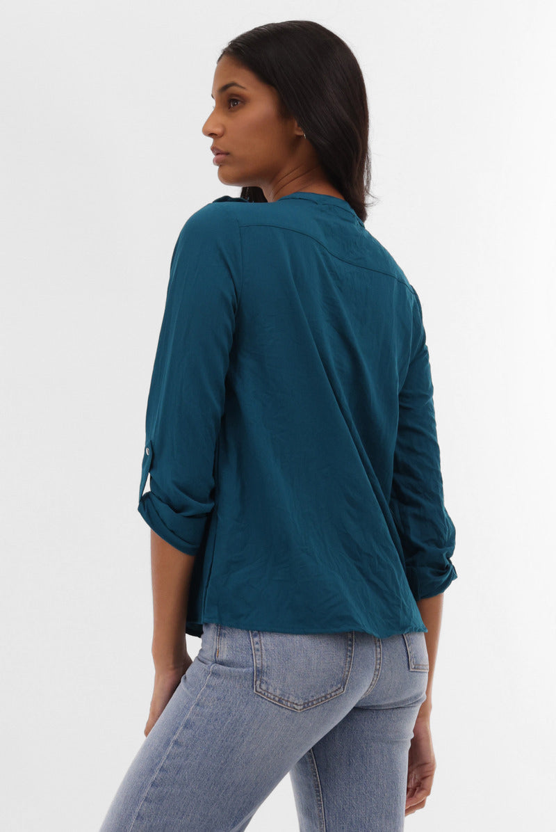 Runaway Bay Roll Up Sleeve Utility Pocket Blouse - Teal - Womens Shirts & Blouses - Fairweather