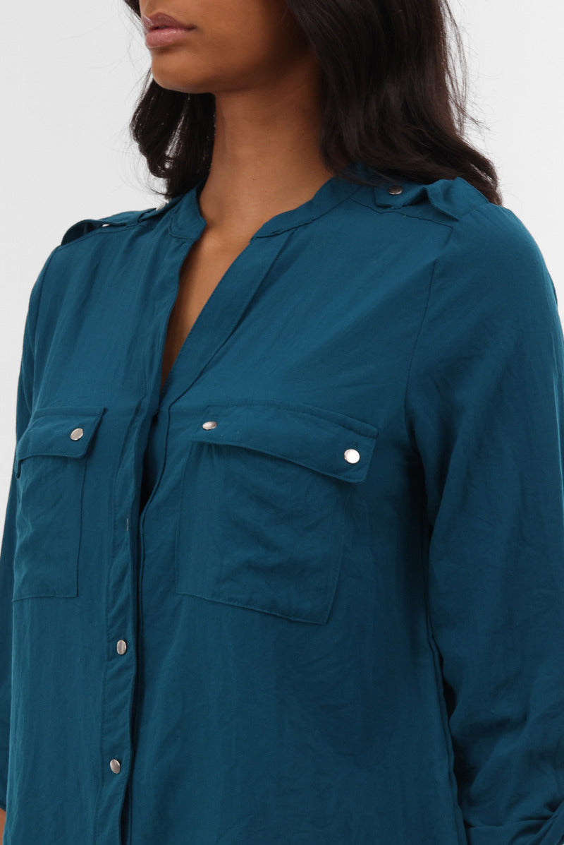 Runaway Bay Roll Up Sleeve Utility Pocket Blouse - Teal - Womens Shirts & Blouses - Fairweather